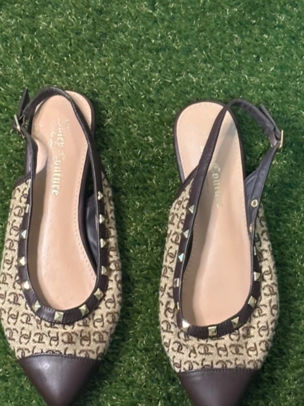 Juicy Couture Beige Monogram Pointed Slingback Flats with Brown Trim